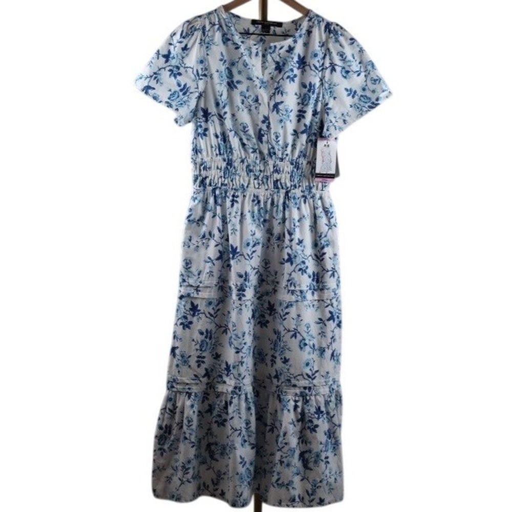 French Connection Blue Floral Tiered Maxi Dress‎ Summer White Multi Small NEW